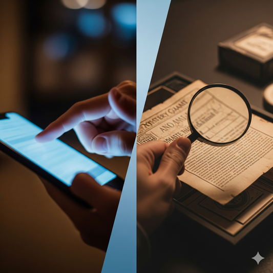 A two-part image comparing a digital mystery game and a physical one. On the left, a person's hand is swiping on a phone screen. On the right, a hand holds a magnifying glass over a physical clue from a Case Crushers screen-free kit.